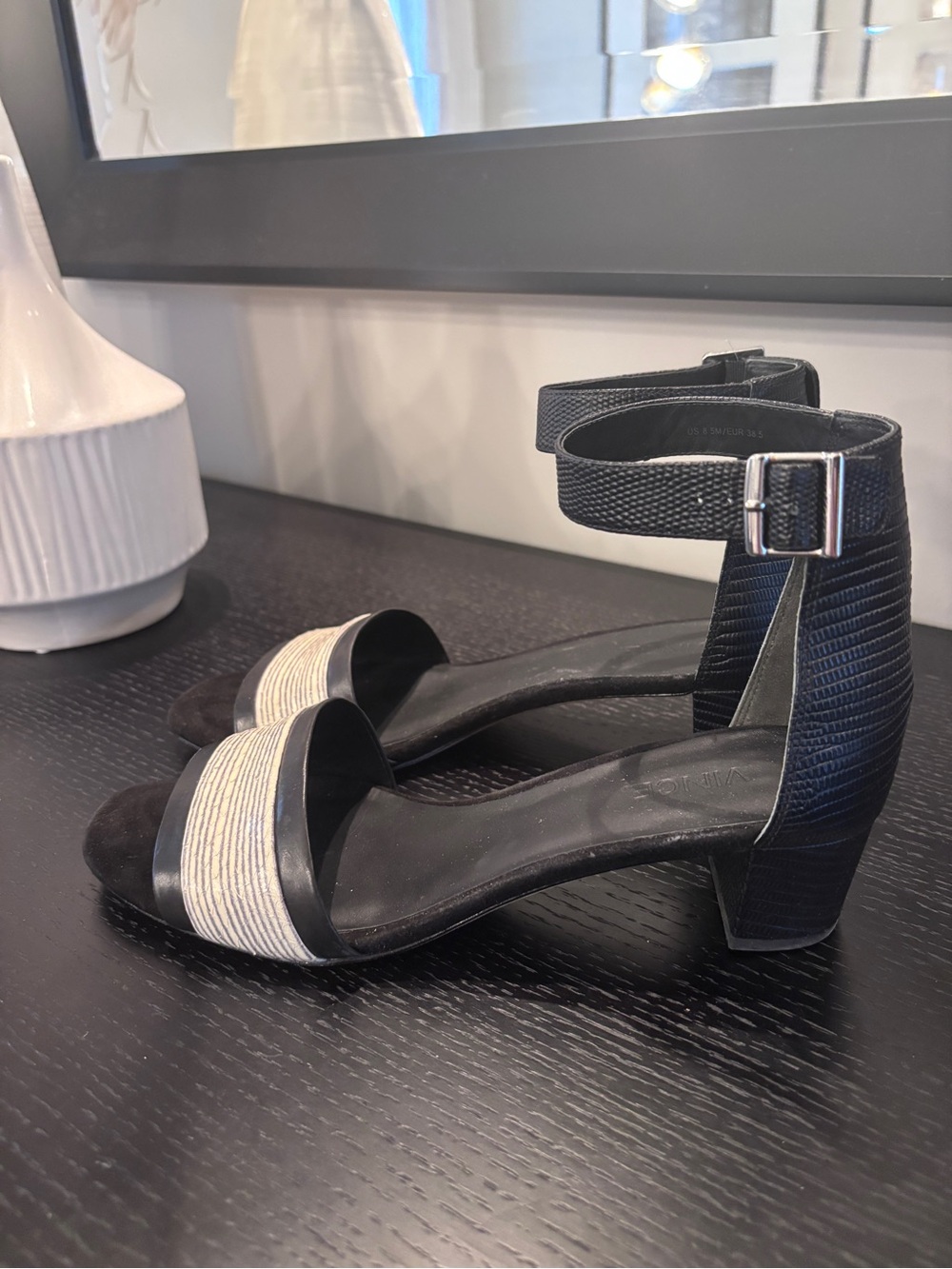 Vince Black Leather Ankle-Strap Block Heel Sandals – Size 8.5 US / 38.5 EU